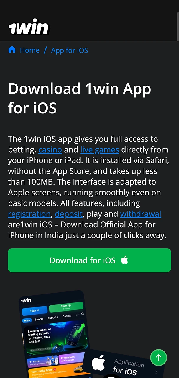 Open the website and download the 1win app for iOS.