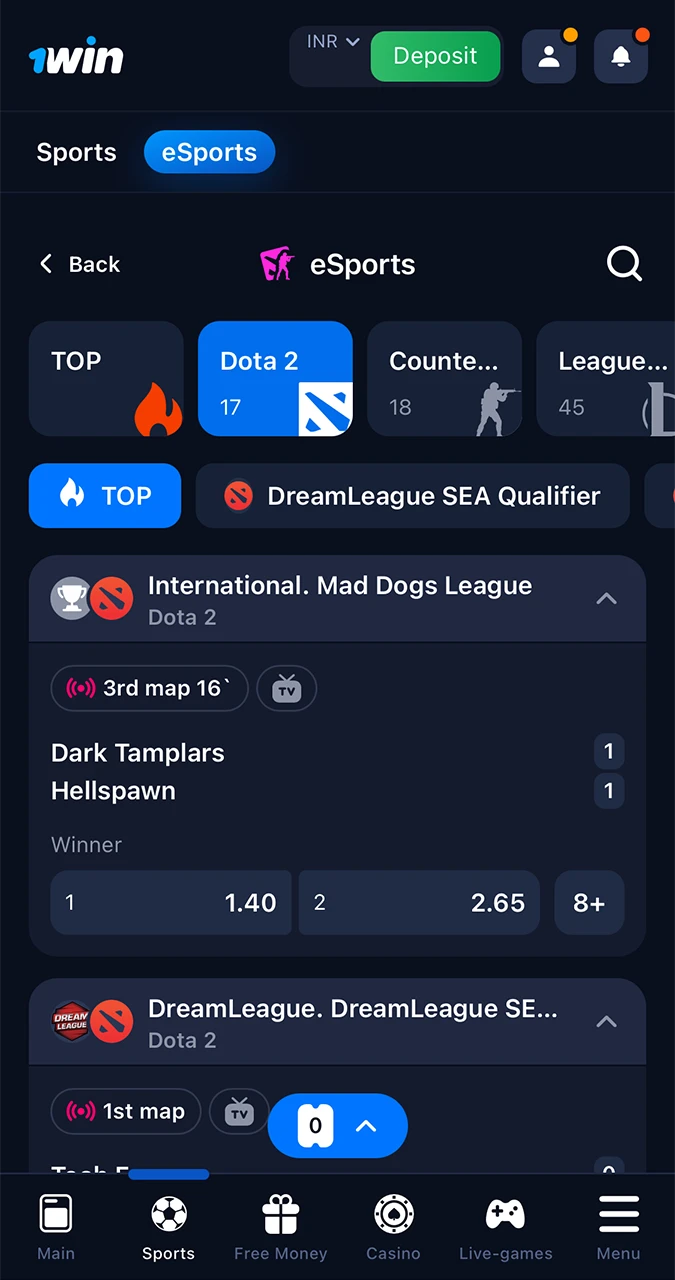 Choose your favourite competitive discipline from those available on the 1Win website.