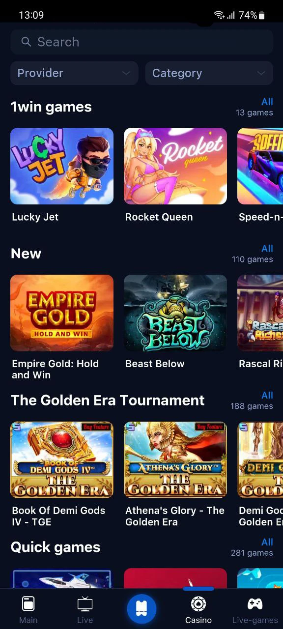 Screenshot of the 1win app casino section.