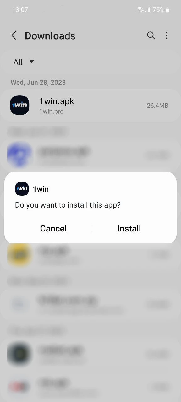 Complete the installation of the 1Win app.