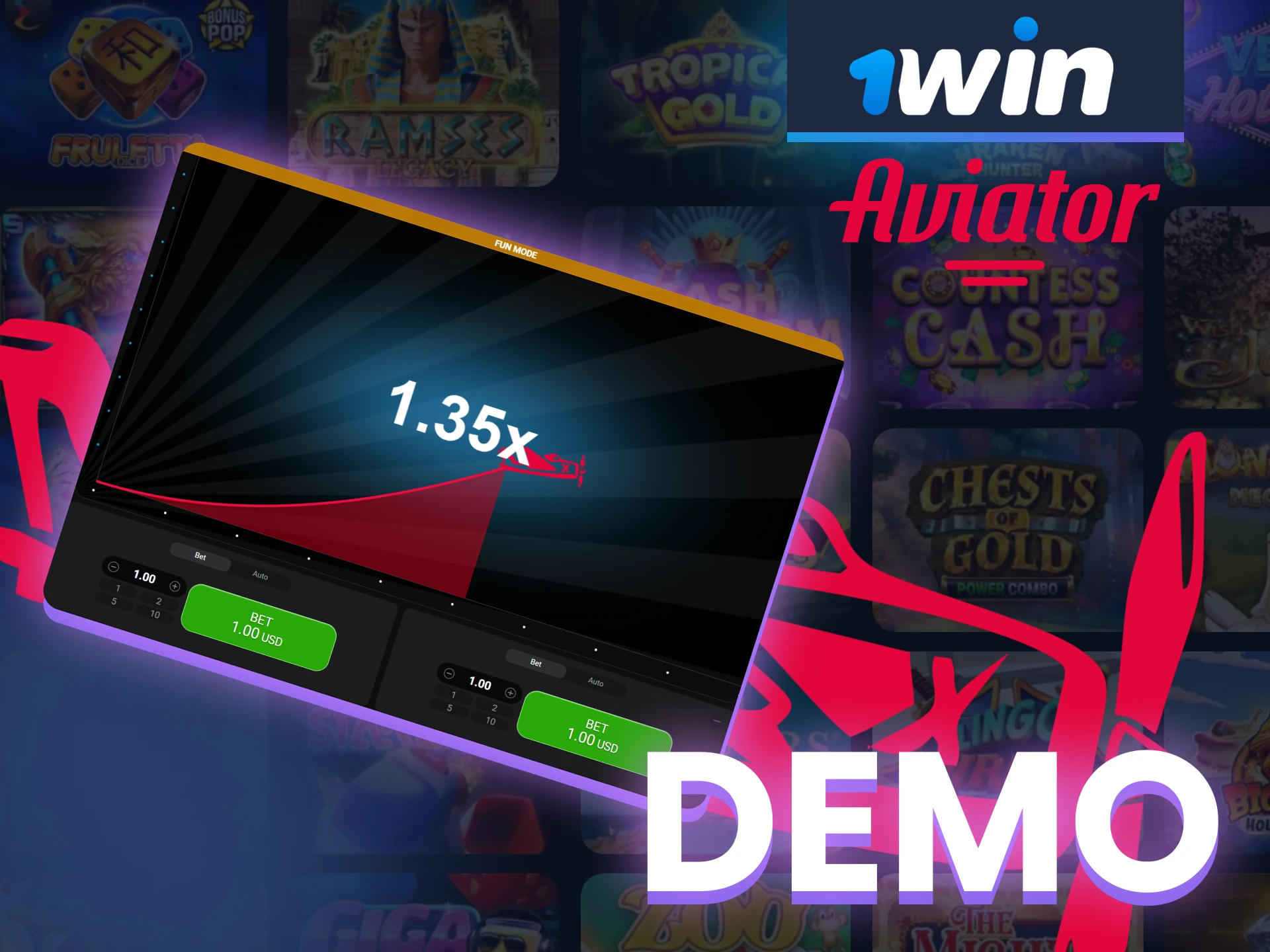 Practice in 1win Aviator demo mode for free by clicking on the “DEMO” button instead of “PLAY”.