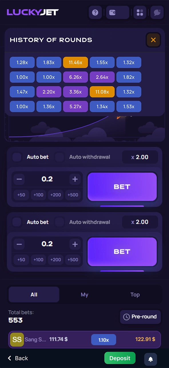 You can check out the history of Lucky Jet rounds at 1win.