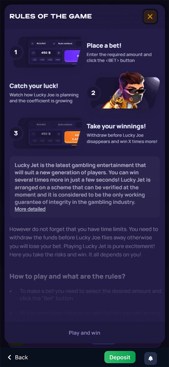 Familiarize yourself with the rules of the 1win Lucky Jet game.