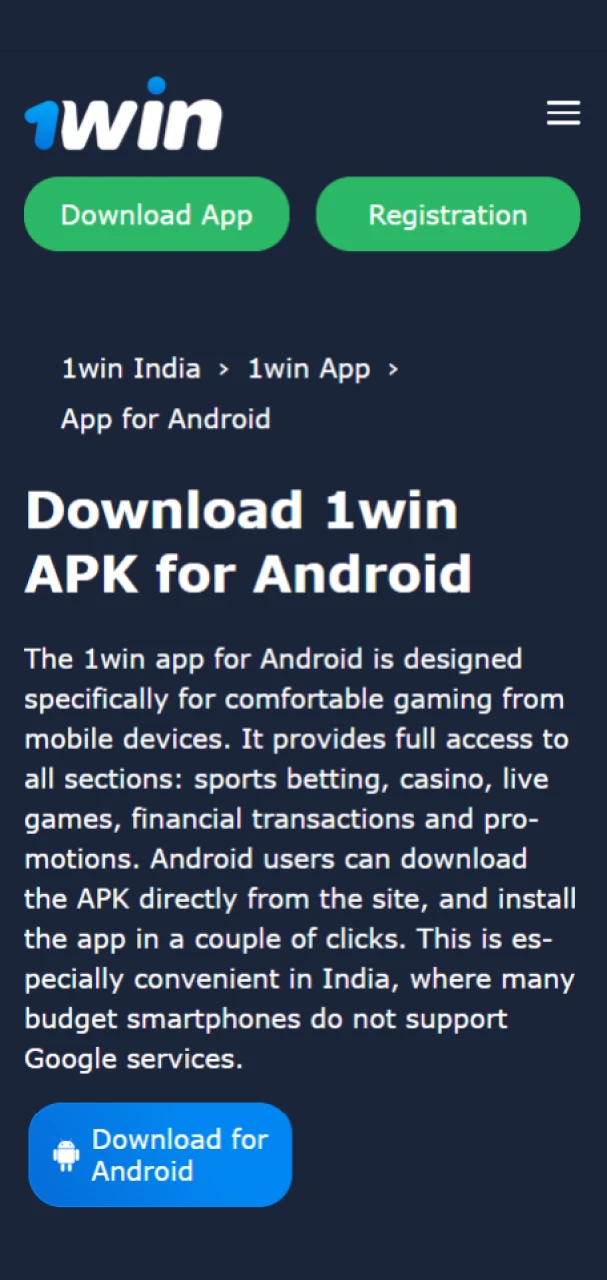 Click on the "Download for Android" button to get 1win apk.