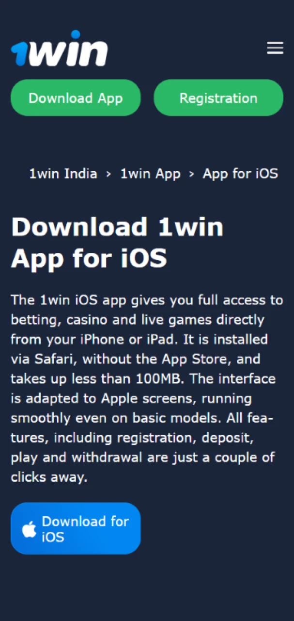 Open the website and download the 1win app for iOS.