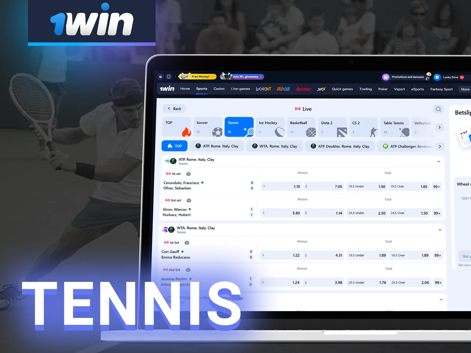 Tennis is a very popular type of betting at 1win.