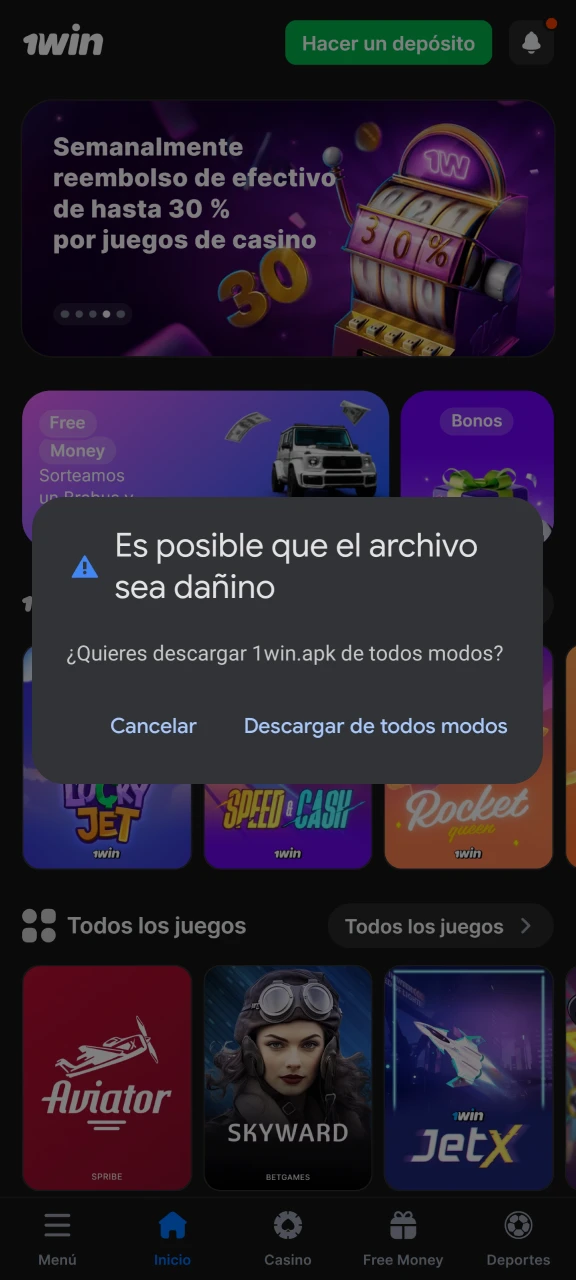 Confirme la descarga del archivo apk de 1Win.
