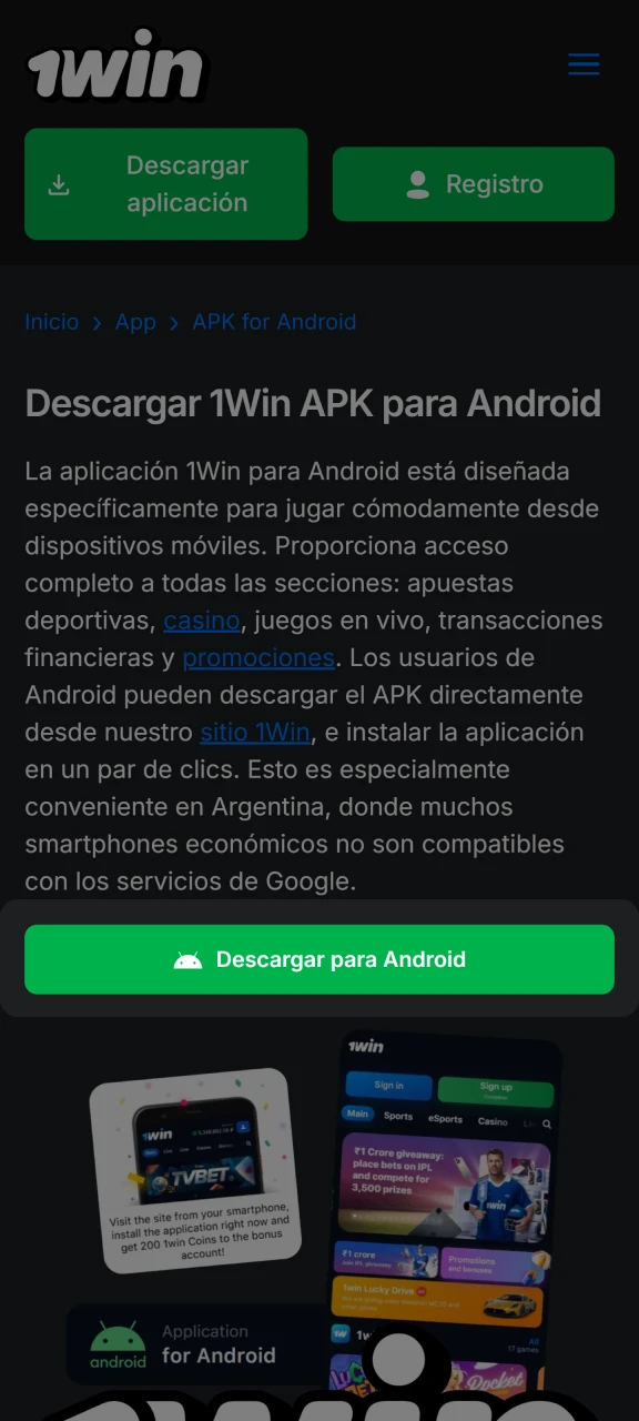 Descargue el archivo apk de 1Win para dispositivos Android.
