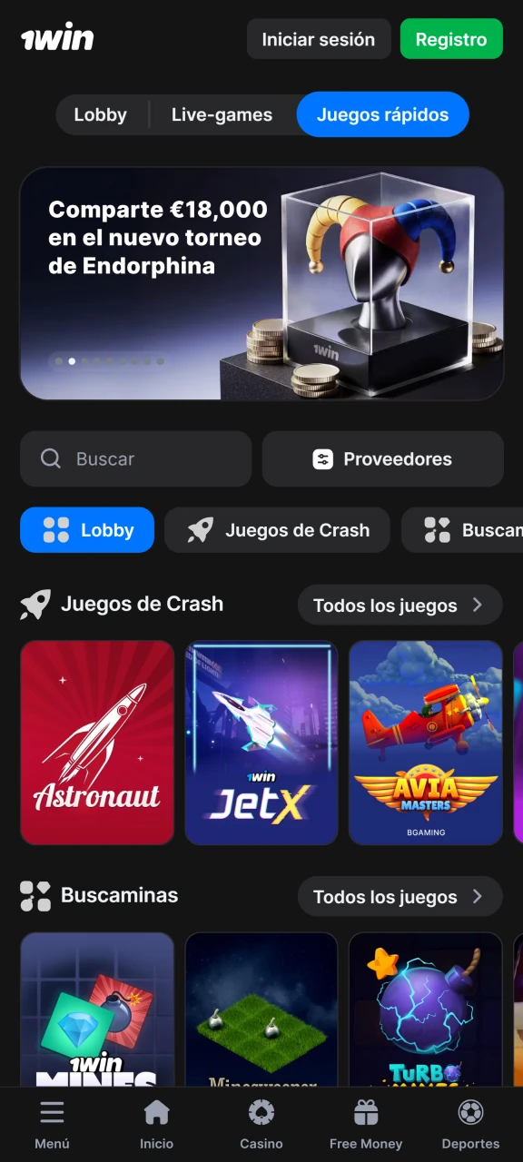 Elija juegos rápidos en la sección de casino 1Win.