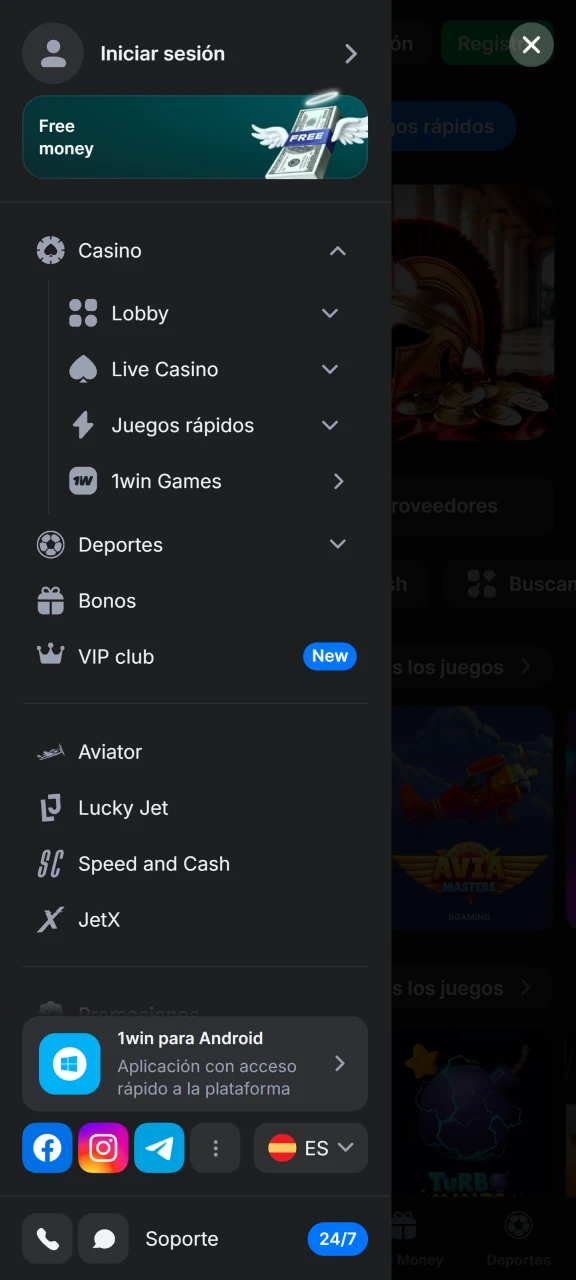 Vea todas las secciones disponibles en la aplicación 1Win.
