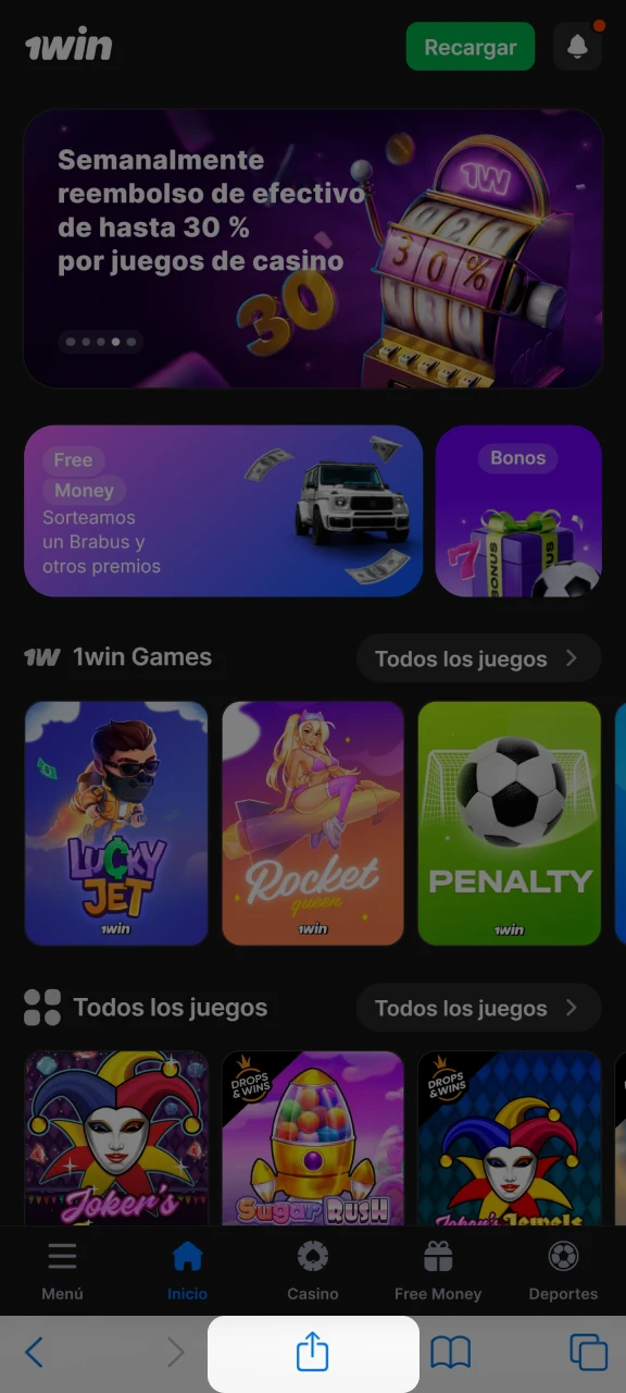 Abra el menú Compartir para agregar un acceso directo de 1Win a su pantalla de inicio.