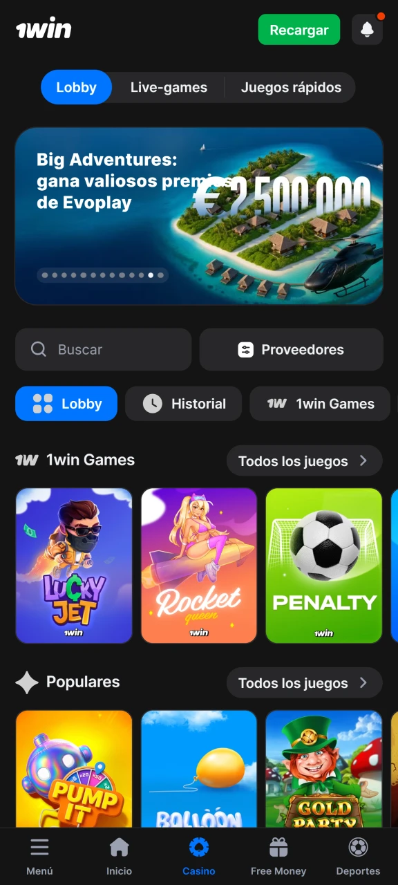 Selecciona la sección de deportes o casino en 1Win.