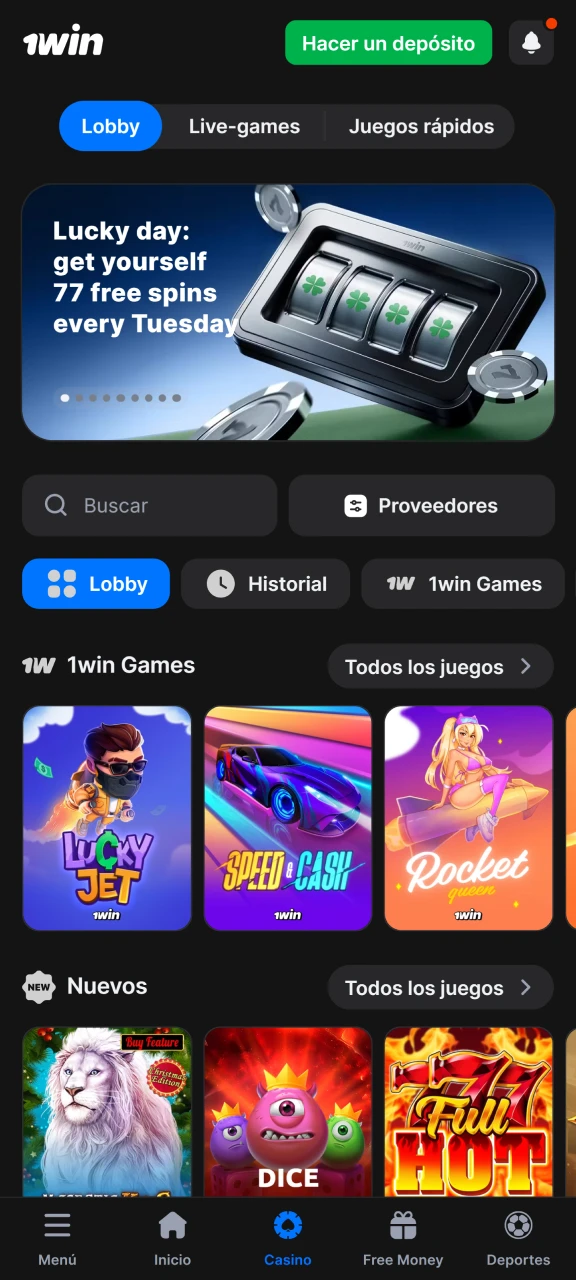 Abre cualquier sección para comenzar a apostar en 1Win.