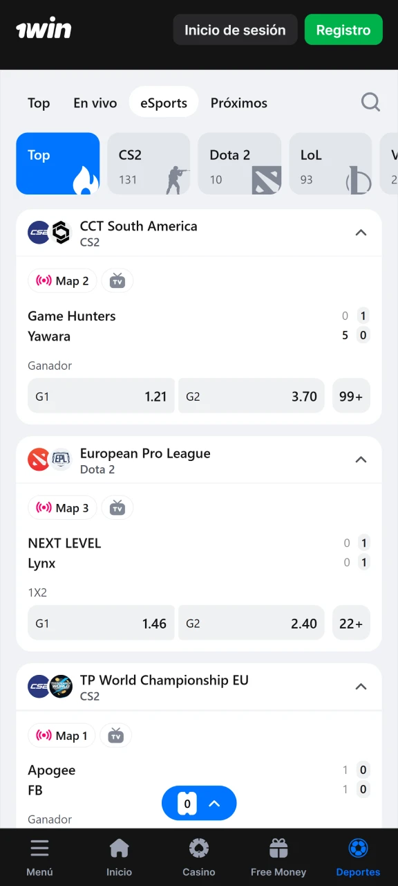 Realice apuestas en eSports en la plataforma 1Win.