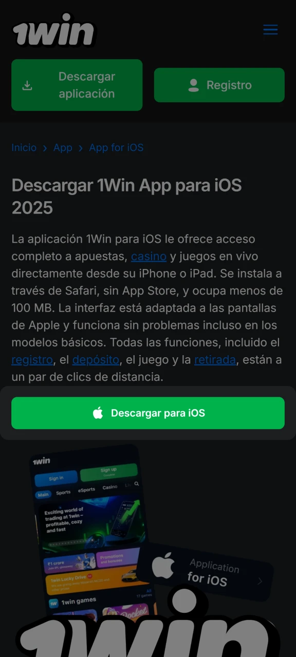 Haga clic en el botón Descargar para iOS en este sitio web para obtener la aplicación 1Win.