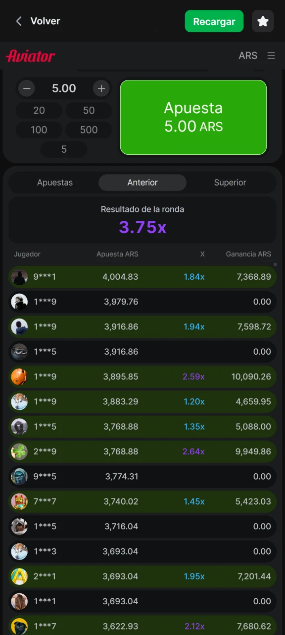 Vea las estadísticas del juego Aviator en el casino 1Win.