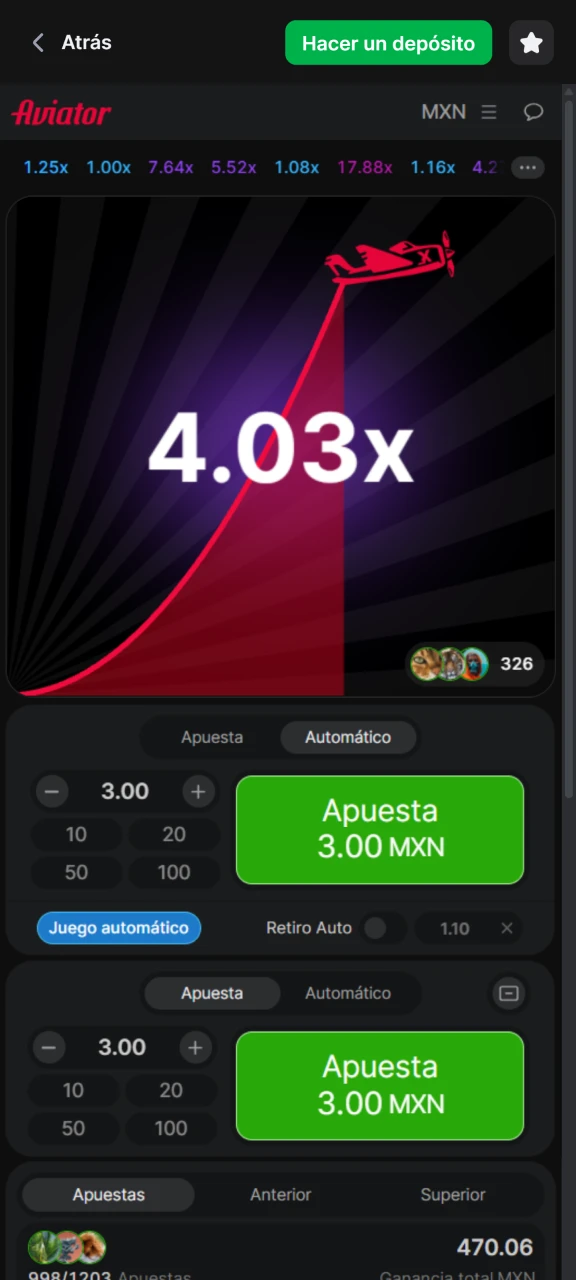 Realiza apuestas automáticas en el juego Aviator en 1Win.