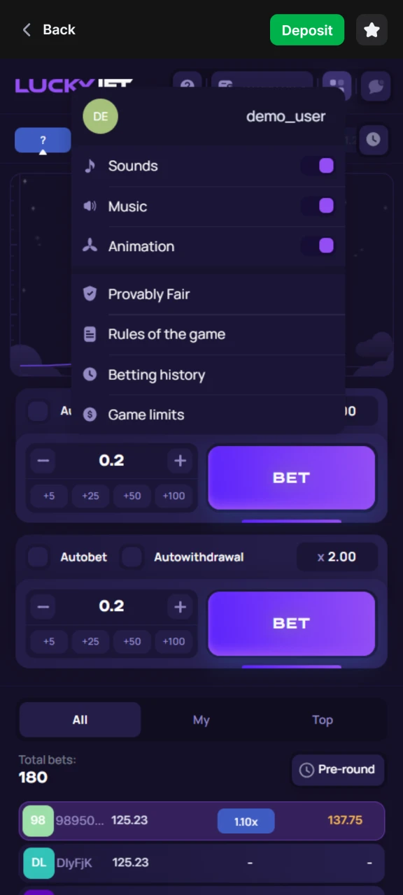 Բացեք Lucky Jet-ի կարգավորումները 1Win-ում՝ նախընտրությունները փոխելու և կանոնները կարդալու համար։