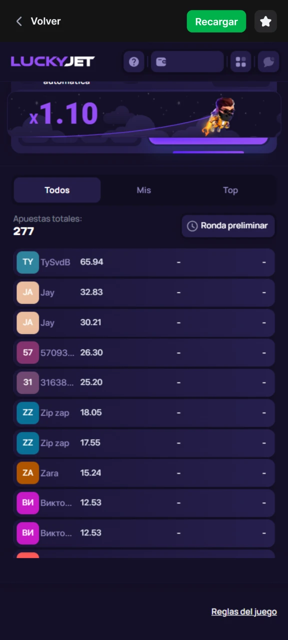 Vea las estadísticas del juego Lucky Jet en 1Win.