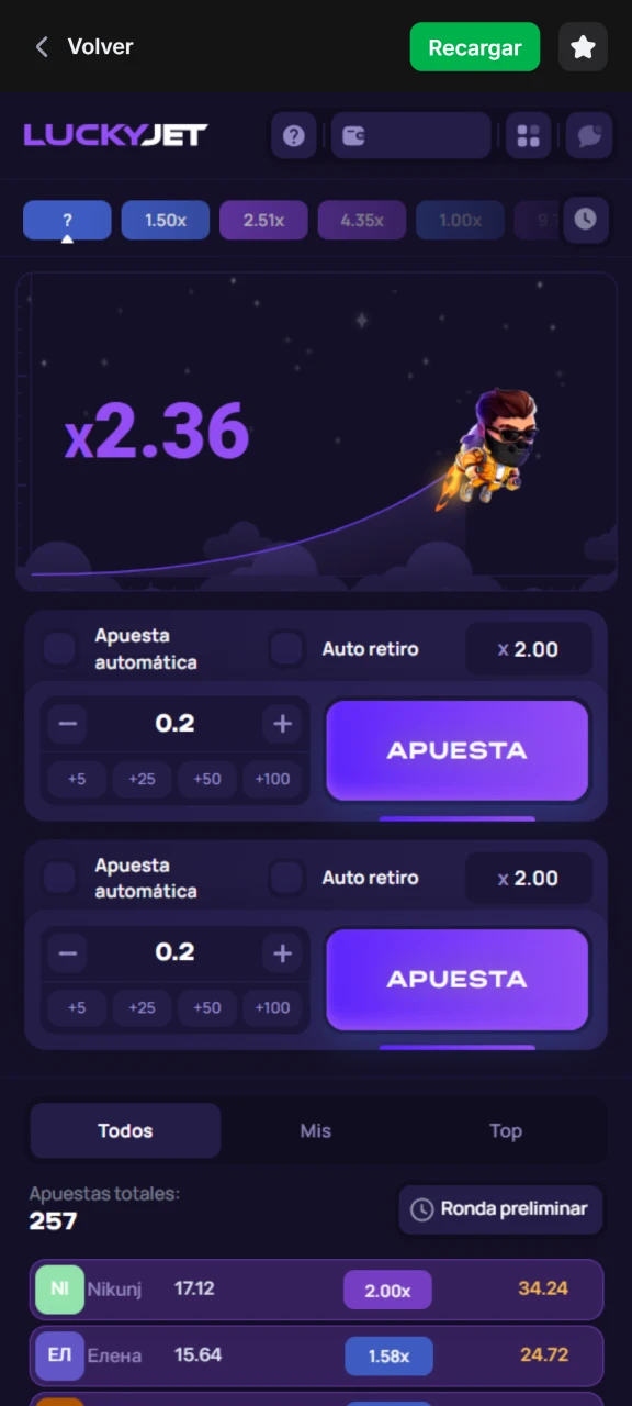 Realiza tus apuestas en Lucky Jet en el casino 1Win.