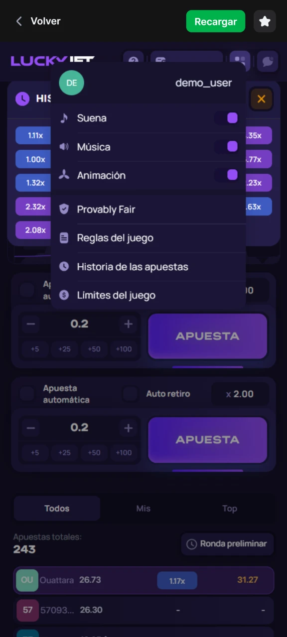 Abra el menú de Lucky Jet en la plataforma 1Win.