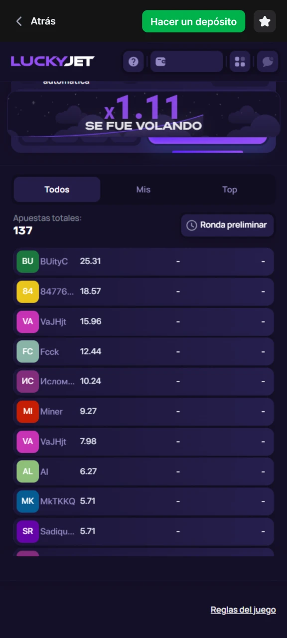 Consulta las estadísticas del juego Lucky Jet en 1Win.