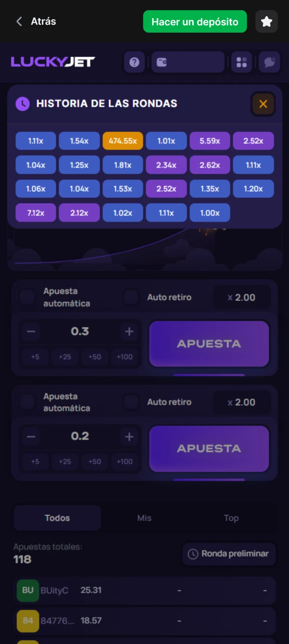 El historial de rondas de Lucky Jet está disponible en 1Win.