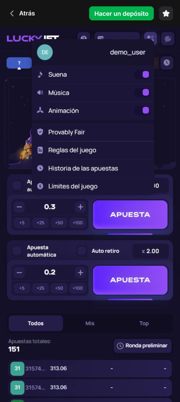 Abra el menú de Lucky Jet para cambiar la configuración.