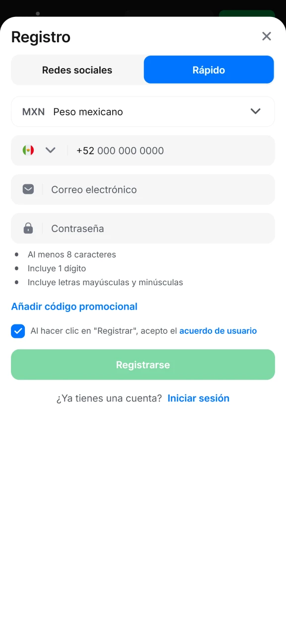 Regístrese en 1Win para realizar un retiro.
