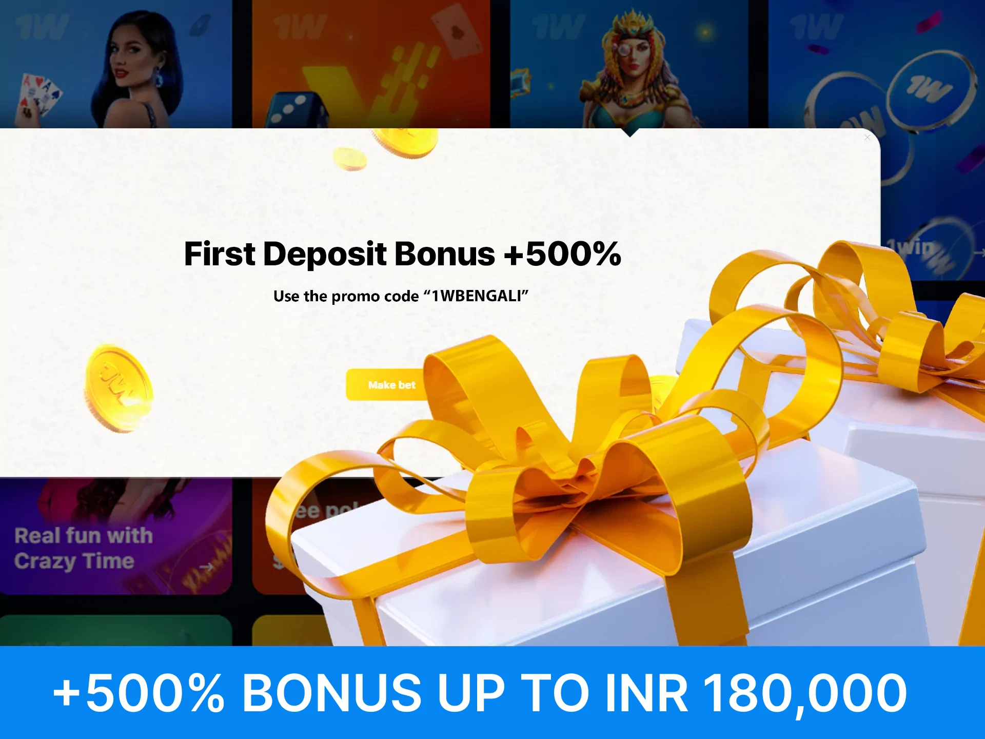 1win welcome bonus gives +500% Up to INR 180,000.